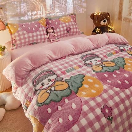 91家纺网 家纺一手货源 找家纺 佰亿莱2024新款5D雕花雪花绒四件套 草莓女孩