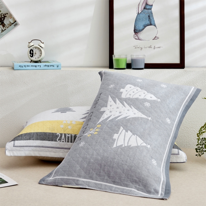 91家纺网 家纺一手货源 找家纺 2021新品混纺三层纱布定位枕巾圣诞树-灰52*78cm