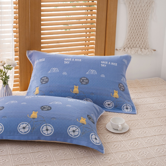 91家纺网 家纺一手货源 找家纺 朴尔家纺2021新款热销全棉加厚三层纱布定位枕巾一对自行车兰