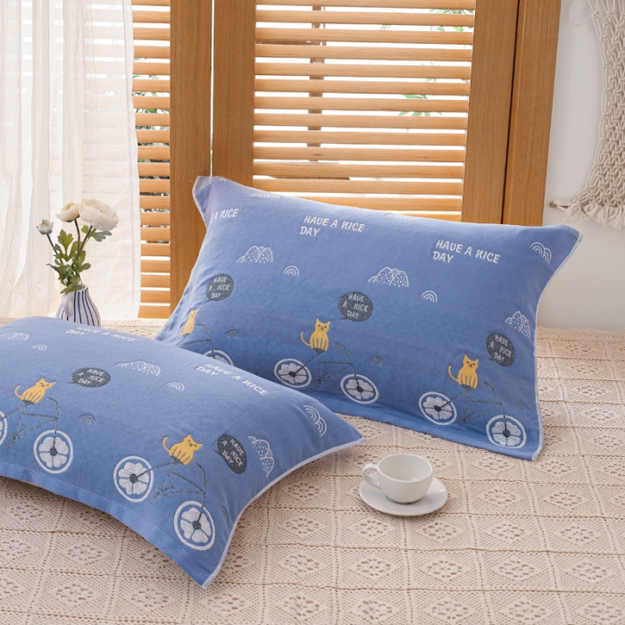 91家纺网 家纺一手货源 找家纺 朴尔家纺2021新款热销全棉加厚三层纱布定位枕巾一对自行车兰