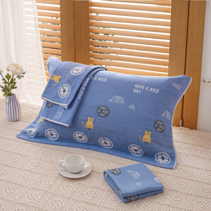 91家纺网 家纺一手货源 找家纺 朴尔家纺2021新款热销全棉加厚三层纱布定位枕巾一对自行车兰