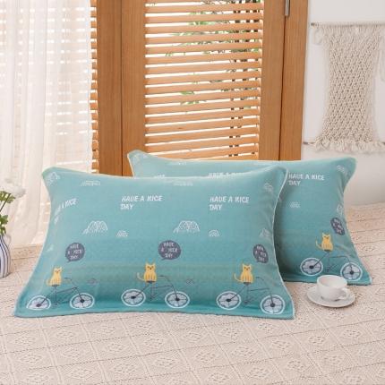 91家纺网 家纺一手货源 找家纺 朴尔家纺2021新款热销全棉加厚三层纱布定位枕巾一对自行车绿