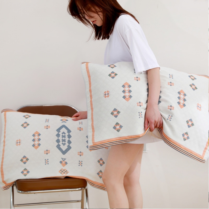 91家纺网 家纺一手货源 找家纺 朴尔家纺 2021新品波西米亚风全棉四层纱布定位枕巾爱丁堡兰