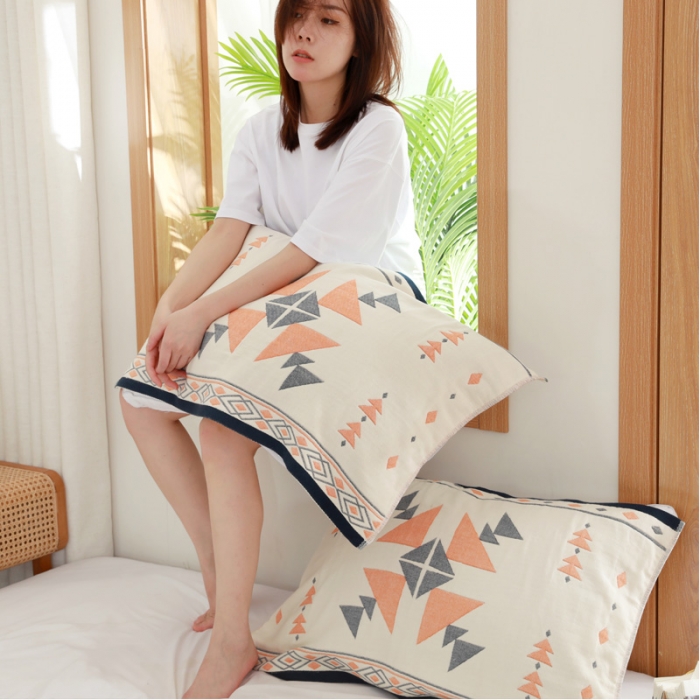 91家纺网 家纺一手货源 找家纺 朴尔家纺 2021新品波西米亚风全棉四层纱布定位枕巾 雷洛