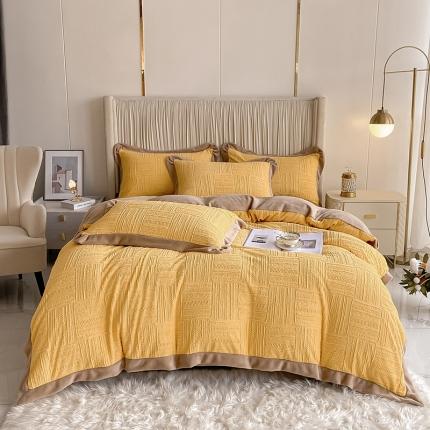 91家纺网 家纺一手货源 找家纺 花漾 2023新款雕花提花牛奶绒宽边四件套 慢生活姜黄