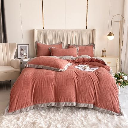 91家纺网 家纺一手货源 找家纺 花漾 2023新款雕花提花牛奶绒宽边四件套 慢生活橘