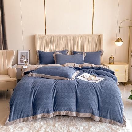 91家纺网 家纺一手货源 找家纺 花漾 2023新款雕花提花牛奶绒宽边四件套 潘多拉蓝