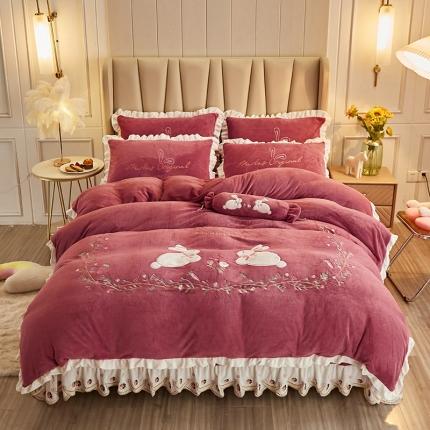 91家纺网 家纺一手货源 找家纺 宜凡 2021新款牛奶绒绣花兔床单四件套 萌萌兔-豆沙