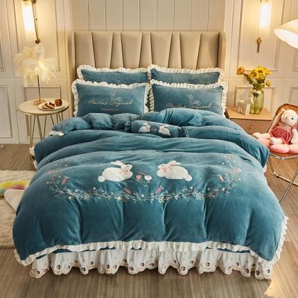 91家纺网 家纺一手货源 找家纺 宜凡 2021新款牛奶绒绣花兔床单四件套 萌萌兔-水绿