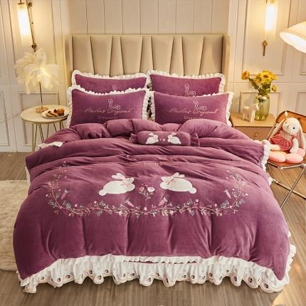 91家纺网 家纺一手货源 找家纺 宜凡 2021新款牛奶绒绣花兔床单四件套 萌萌兔-烟紫