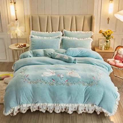 宜凡 2021新款牛奶绒绣花兔床单四件套 萌萌兔-薄荷绿