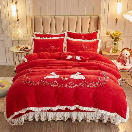 宜凡 2021新款牛奶绒绣花兔床单四件套 萌萌兔-大红