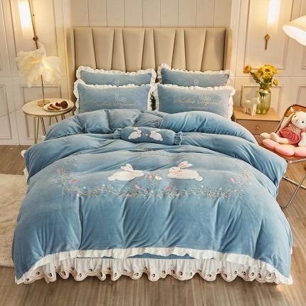 宜凡 2021新款牛奶绒绣花兔床单四件套 萌萌兔-海蓝