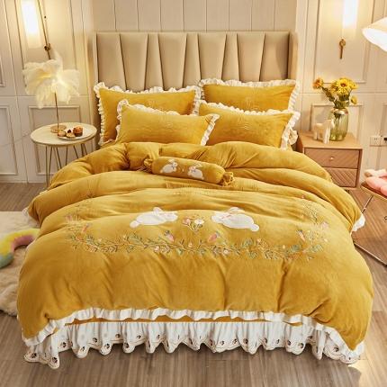 宜凡 2021新款牛奶绒绣花兔床单四件套 萌萌兔-亮黄