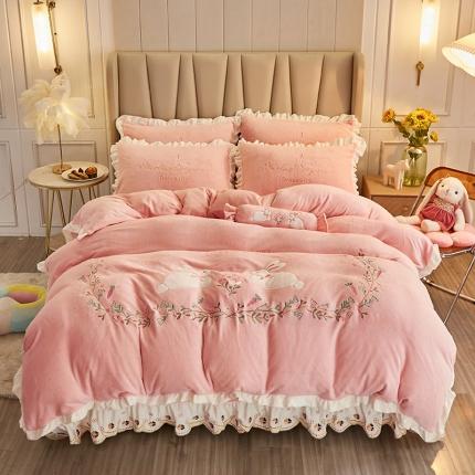 宜凡 2021新款牛奶绒绣花兔床单四件套 萌萌兔-仙粉