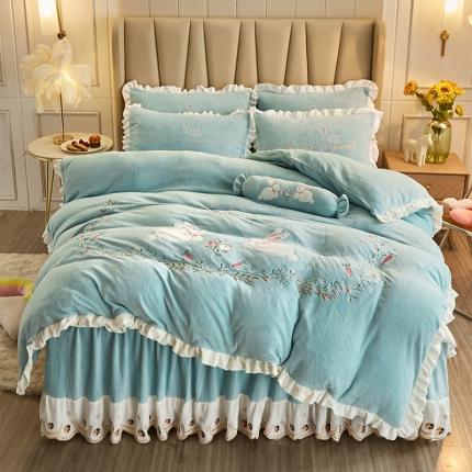 91家纺网 家纺一手货源 找家纺 宜凡 2021新款牛奶绒绣花兔床裙四件套 萌萌兔-薄荷绿