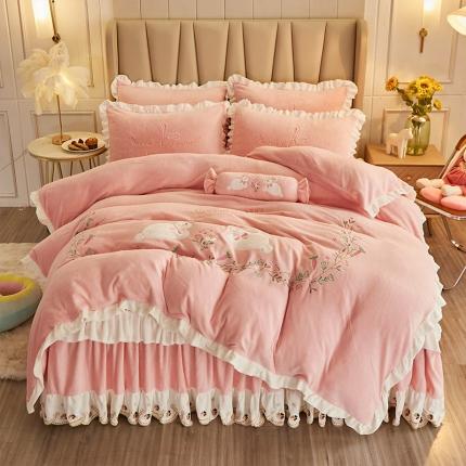 91家纺网 家纺一手货源 找家纺 宜凡 2021新款牛奶绒绣花兔床裙四件套 萌萌兔-仙粉