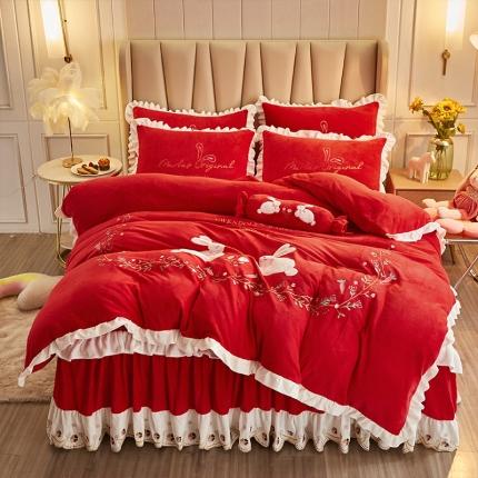宜凡 2021新款牛奶绒绣花兔床裙四件套 萌萌兔-大红