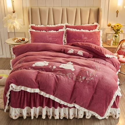 宜凡 2021新款牛奶绒绣花兔床裙四件套 萌萌兔-豆沙