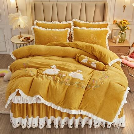 宜凡 2021新款牛奶绒绣花兔床裙四件套 萌萌兔-亮黄