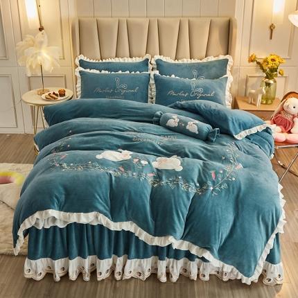 宜凡 2021新款牛奶绒绣花兔床裙四件套 萌萌兔-水绿