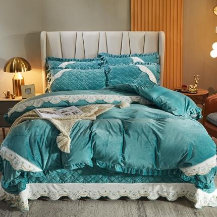 宜凡 2021新款水晶绒夹棉绗缝床盖四件套 快乐小熊-翠青