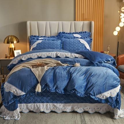 宜凡 2021新款水晶绒夹棉绗缝床盖四件套 快乐小熊-湖蓝