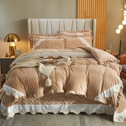 宜凡 2021新款水晶绒夹棉绗缝床盖四件套 快乐小熊-卡其