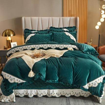 宜凡 2021新款水晶绒夹棉绗缝床盖四件套 快乐小熊-墨绿