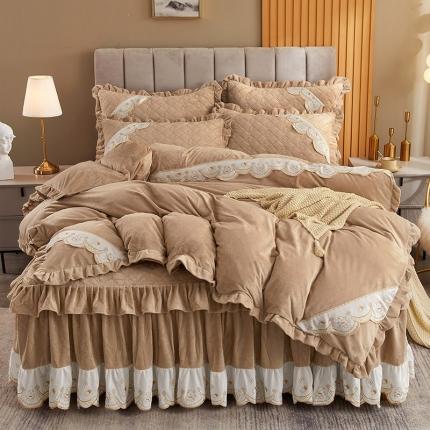 宜凡 2021新款水晶绒夹棉绗缝床裙四件套 快乐小熊-卡其