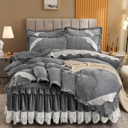 宜凡 2021新款水晶绒夹棉绗缝床裙四件套 快乐小熊-海灰