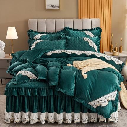 宜凡 2021新款水晶绒夹棉绗缝床裙四件套 快乐小熊-墨绿