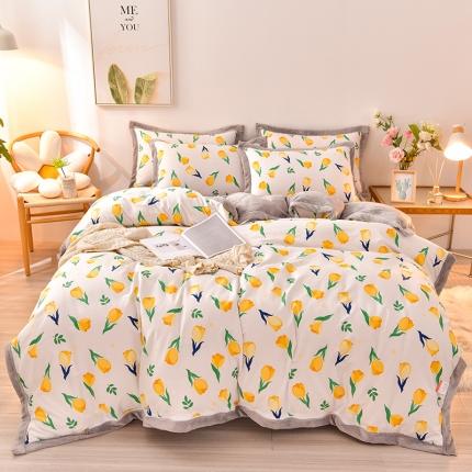 91家纺网 家纺一手货源 找家纺 小牛席业 2021新款 全棉牛奶绒四件套系列 郁金香