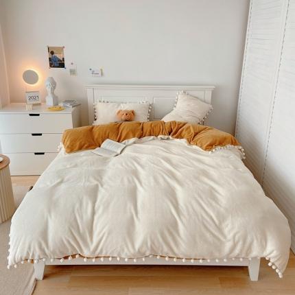 91家纺网 家纺一手货源 找家纺 六巷胡同 2021新款日式小清新华夫格绒球球系列四件套实拍图 白黄