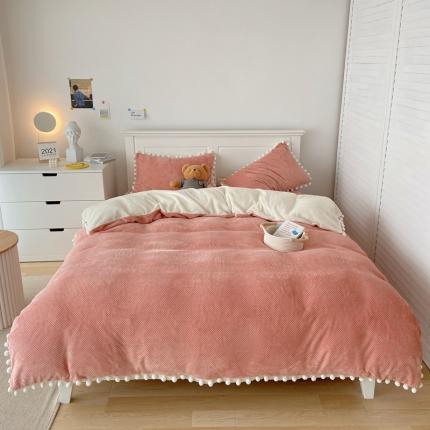 91家纺网 家纺一手货源 找家纺 六巷胡同 2021新款日式小清新华夫格绒球球系列四件套实拍图 粉白