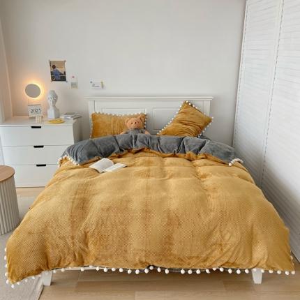 91家纺网 家纺一手货源 找家纺 六巷胡同 2021新款日式小清新华夫格绒球球系列四件套实拍图 黄灰