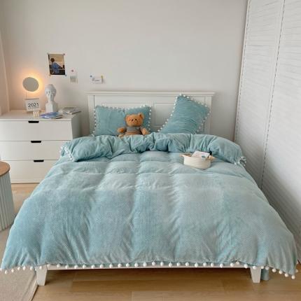 91家纺网 家纺一手货源 找家纺 六巷胡同 2021新款日式小清新华夫格绒球球系列四件套实拍图 蓝绿