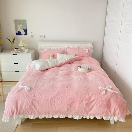 91家纺网 家纺一手货源 找家纺 六巷胡同 2021新款韩式少女心蝴蝶结兔兔绒四件套实拍图 蜜桃粉