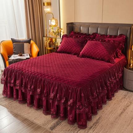 91家纺网 家纺一手货源 找家纺 瑞宝 2025新款水晶绒法式单床裙 酒红