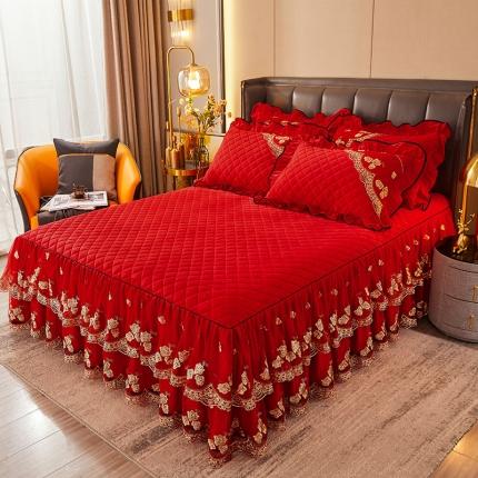 91家纺网 家纺一手货源 找家纺 瑞宝 2025新款水晶绒法式单床裙 中国红