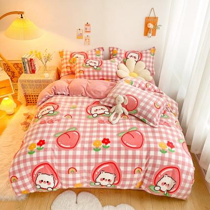 91家纺网 家纺一手货源 找家纺 沐棉 2021新款卡通牛奶绒四件套新拍 蜜桃熊