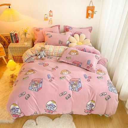 91家纺网 家纺一手货源 找家纺 沐棉 2021新款卡通牛奶绒四件套新拍 糖果女孩