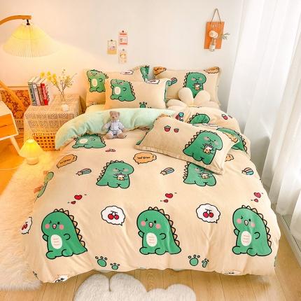 91家纺网 家纺一手货源 找家纺 沐棉 2021新款卡通牛奶绒四件套新拍 小恐龙