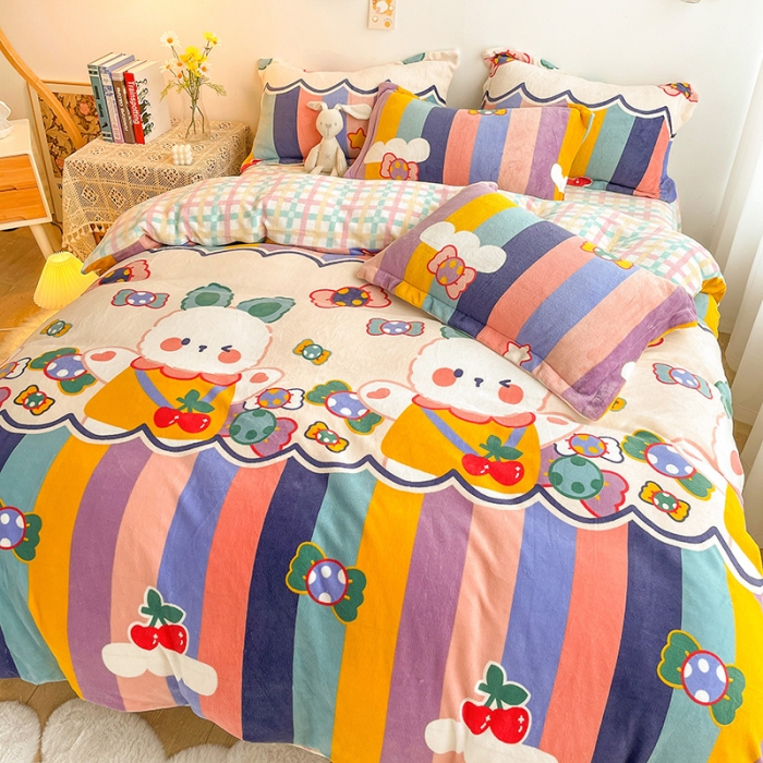 91家纺网 家纺一手货源 找家纺 沐棉 2021新款卡通牛奶绒四件套新拍 彩虹兔