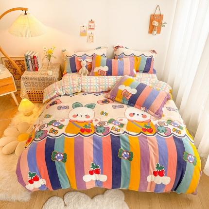 沐棉 2021新款卡通牛奶绒四件套新拍 彩虹兔