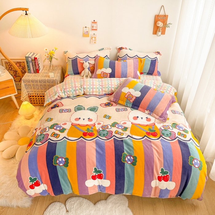 91家纺网 家纺一手货源 找家纺 沐棉 2021新款卡通牛奶绒四件套新拍 彩虹兔