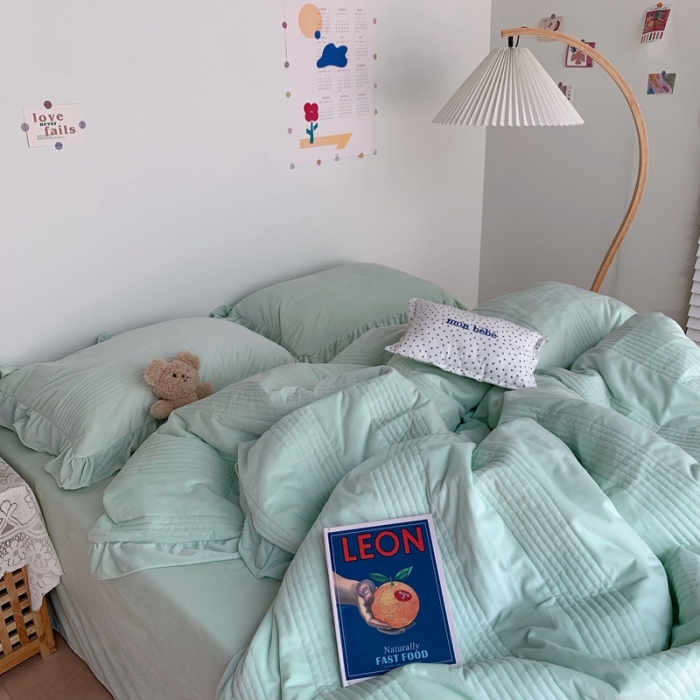 91家纺网 家纺一手货源 找家纺 六巷胡同2021新款ins韩国博主同款夹棉婴儿绒四件套实拍图 原野绿