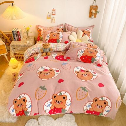 沐棉 2021新款卡通牛奶绒四件套新拍 草莓熊