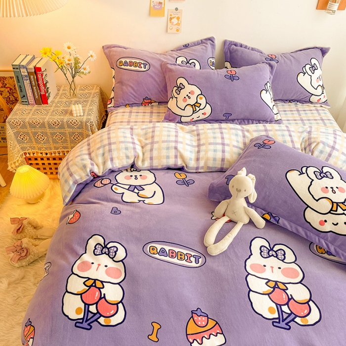 91家纺网 家纺一手货源 找家纺 沐棉 2021新款卡通牛奶绒四件套新拍 蛋糕兔