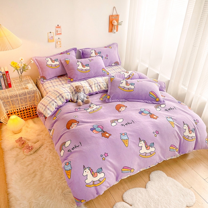 91家纺网 家纺一手货源 找家纺 沐棉 2021新款卡通牛奶绒四件套新拍 快乐女孩